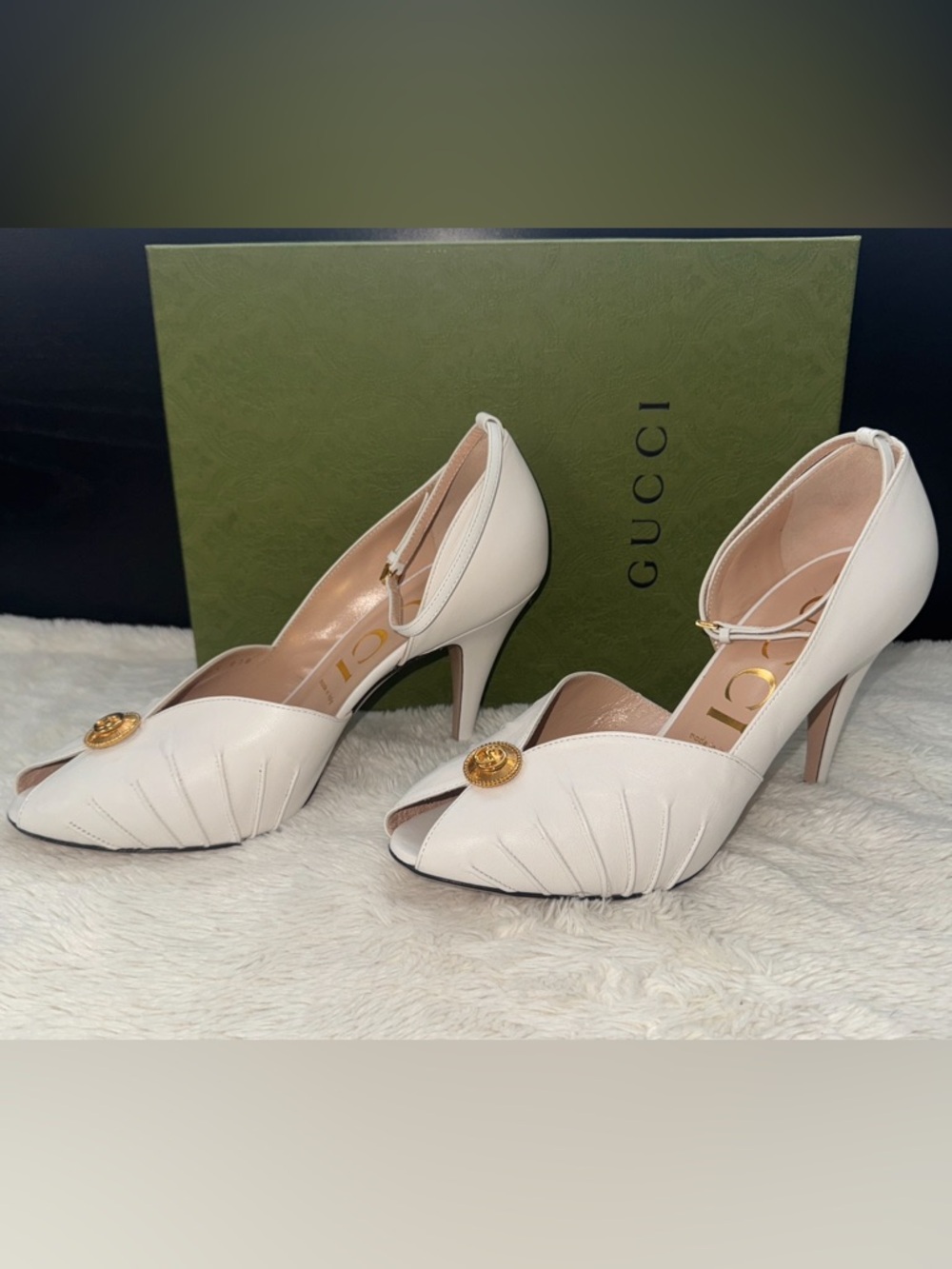 Gucci Ivory Peep-Toe Ankle-Strap Heels with Gold Medallion - Picture 3 of 10